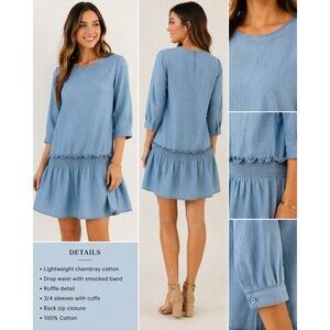 Tweed Chambray Cotton Dress Drop Waist Smocked Tiered Blue Small
